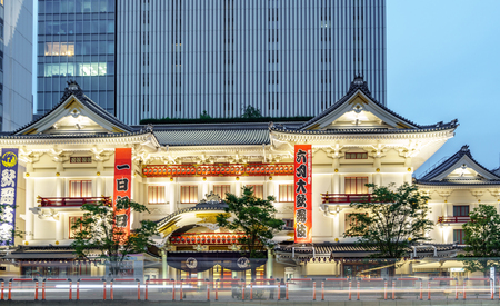 TOKYO, JAPAN- MAY 30, 2015: Long exposure with blurred car trails in front of Kabukiza theather facade in Tokyo, Japanのeditorial素材