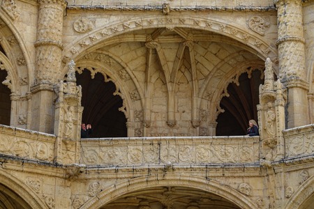 LISBON, PORTUGAL- APRIL 4, 2018: Unidentified couple takes photos themselves inside the majestic Jeronimos monastery cloister in Lisbon, Portugalのeditorial素材