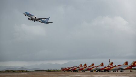 Advanced jet trainer CASA C-101 Aviojet, known as Eagle Patrol and plane taking offのeditorial素材
