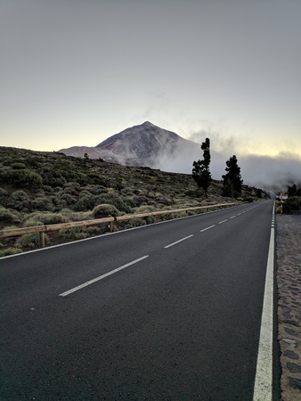 Road to Teide volcanic peak at duskの写真素材