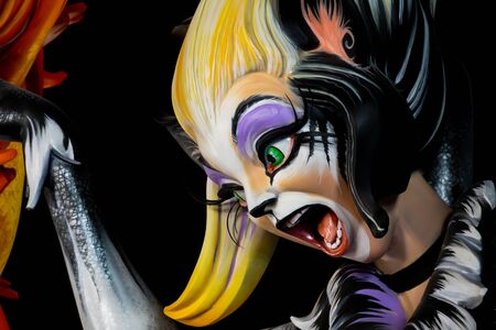 Valencia in Fallas 2019, Detailed view of tiger woman face ninot in Les Fallesのeditorial素材