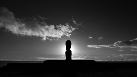 Backlit of Moai with Pukao in Rapa Nuiの写真素材