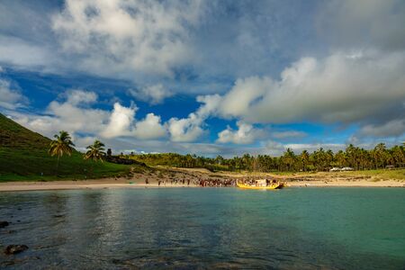 Rapa Nui historic boat arrives to Anakena beachのeditorial素材
