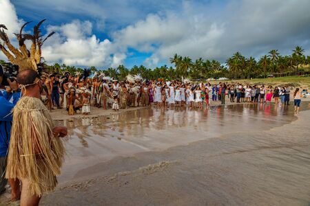 Rapa Nui historic boat arrives to Anakena beach, the receptionのeditorial素材