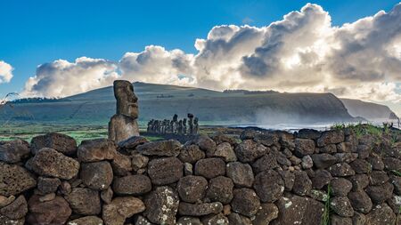 Ahu Tongariki Moais behind the stone fenceの写真素材