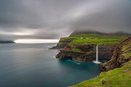 Gasadalur waterfall long exposure in Faroe Islands, Vagar islandの写真素材