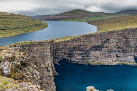 Sorvagsvatn lake over the ocean long exposure, Faroe Islandsの写真素材