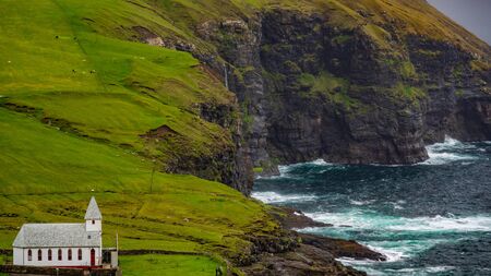 Spectacular location for a Church in Faroe Islandsの写真素材