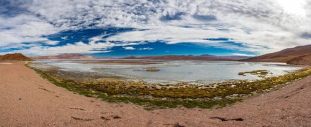 Highlands lake super wide angle panoramic view in Atacamaの写真素材