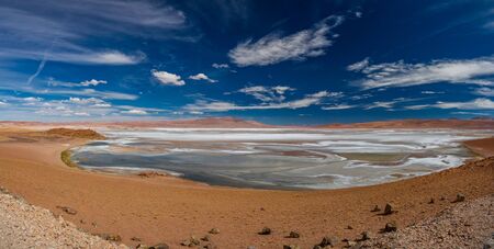 Highlands Quisquiro lake super wide angle panoramic view in Atacama