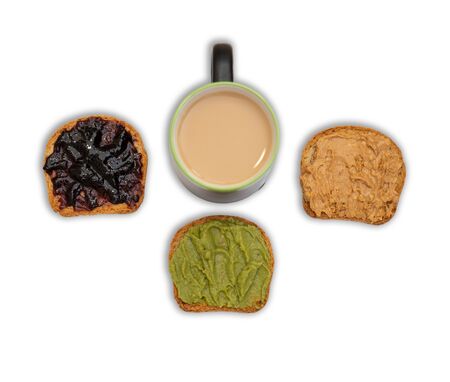 Breakfast toasts isolated on white with shadow and a cup of coffeeの写真素材