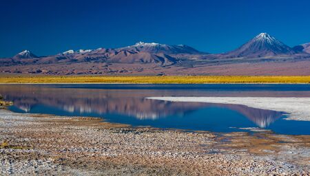 Cejar lagoon and high volcano peaks in the horizonの写真素材