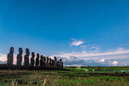 Ahu Tongariki platform very soon with light trailsの写真素材