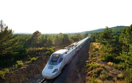 High speed train in the middle of the forest under white sky with text spaceの写真素材