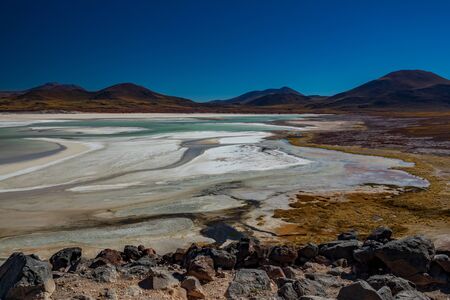 Salt lake under clear blue sky, Atacamaの写真素材