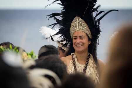 Rapa Nui historic boat arrives to Anakena beach, the receptionのeditorial素材