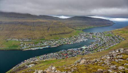 Klaksvik city on Bordoy island top view, Faroe Islandsの写真素材