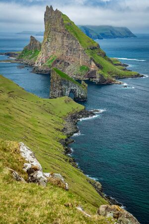 Drangarnir gate, Tindholmur and Mykines vertical compositionの写真素材