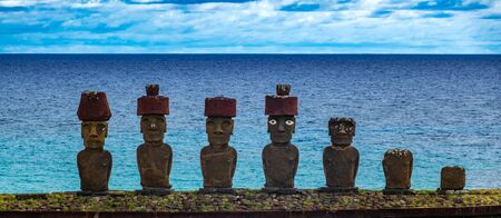 Ahu Nau Nau and the ocean in Rapa Nuiの写真素材