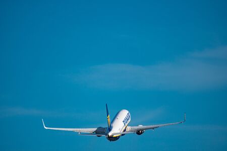 Ryanair plane taking off at duskのeditorial素材