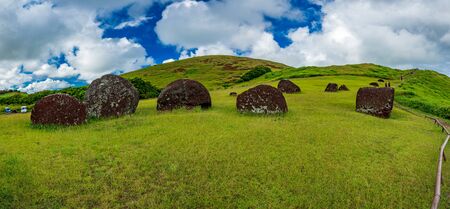 Panoramic view of Pukao mine in Easter Islandの写真素材