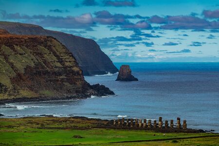 Moai platform on Easter Island from the distance. Ahu Tongarikiの写真素材