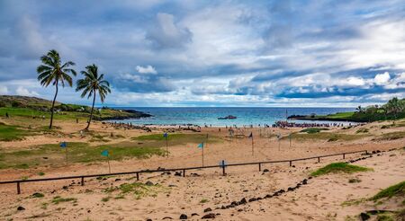 Anakena beach with many people in the receptionの写真素材