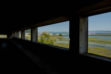 Wide angle view from inside of viewpoint to wetlandの写真素材