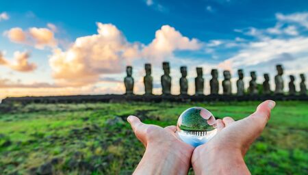 Offering crystal ball reflection to Ahu Tongarikiの写真素材