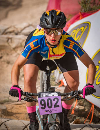 Gloria Medina descending the bridge in MTB championshipのeditorial素材
