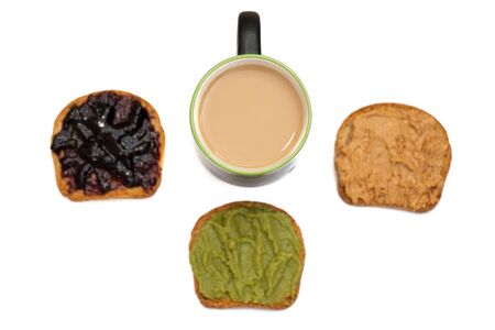 Breakfast toasts isolated on white and a cup of coffeeの写真素材