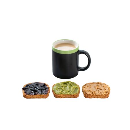 Coffee cup with three types of toastsの写真素材