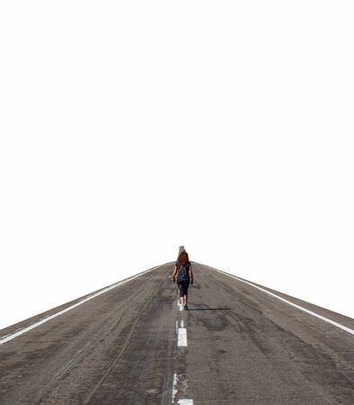 Rear view of woman walking along road with white backgroundの写真素材