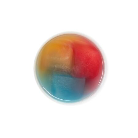 Top view of bowl with ice melting in colorsの写真素材