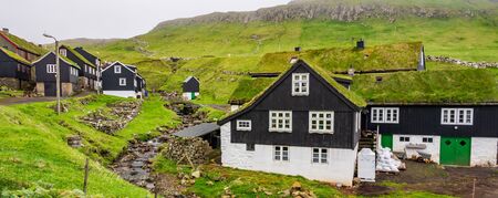 Mykines village with typical houses in Faroe Islandsの写真素材