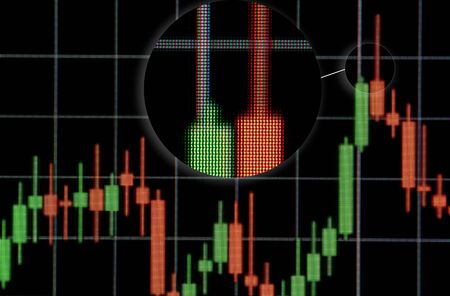 Zoom in to Japanese Candlestick graph on mobile screen with pixelsの写真素材
