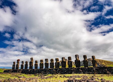 Ahu Tongariki moai platform in a row rear viewの写真素材