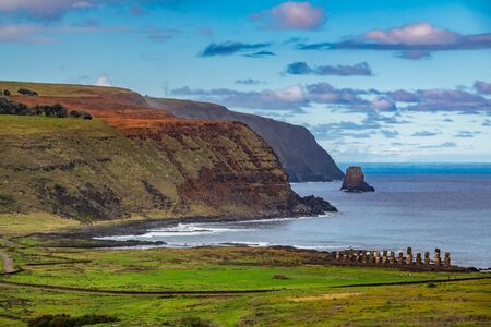 Ahu Tongariki spectacular moai platform near the oceanの写真素材