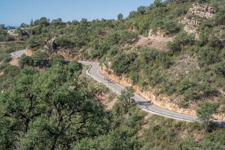Isolated group of cyclists climbing mountain curved roadの写真素材