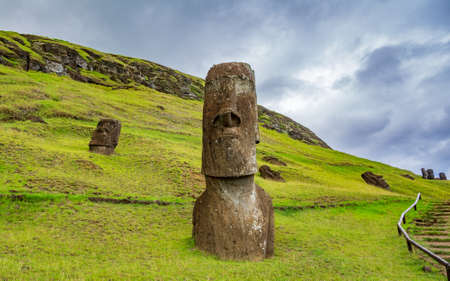 Twisted iconic moai statues in Easter Island Quarry