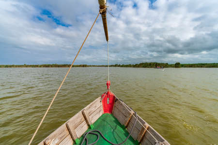 Touristic boat bow navigating in Albufera, Valencia