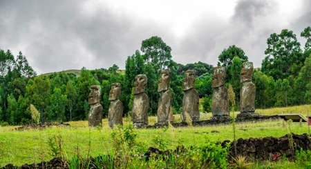 Moai platform in Rapa Nui under cloudy skyの写真素材