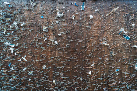 Background of noteboard filled with many staplesの写真素材