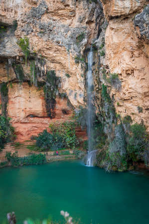 Top view of Turche cave and waterfall in Valencia, vertical compositionの写真素材