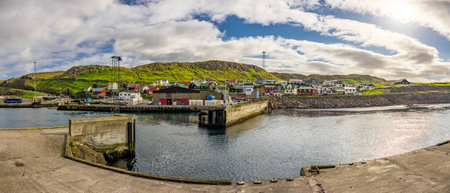 Wide panorama of Skopun city in Sandoy Islandの写真素材