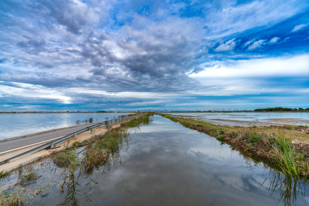 Flooded road and canal under stormy and cloudy skyの写真素材