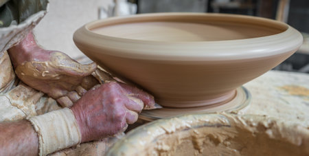 Potter working softly on pot with handの写真素材