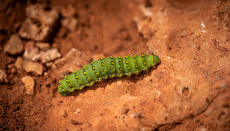 Green worm with yellow and black dotsの写真素材