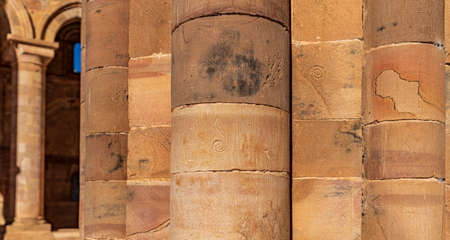 Stonework marks in the ancient wall of abandoned monasteryの写真素材