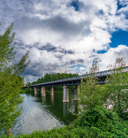 Iron bridge over Ebro river in Logrono, La Rioja, Spainの写真素材